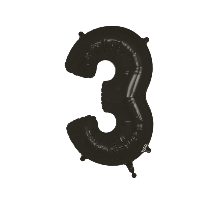 Black 34in number 3 foil balloon with sleek glossy finish for birthday or anniversary parties – from Parte Haus party supply store in Bethesda, Maryland.