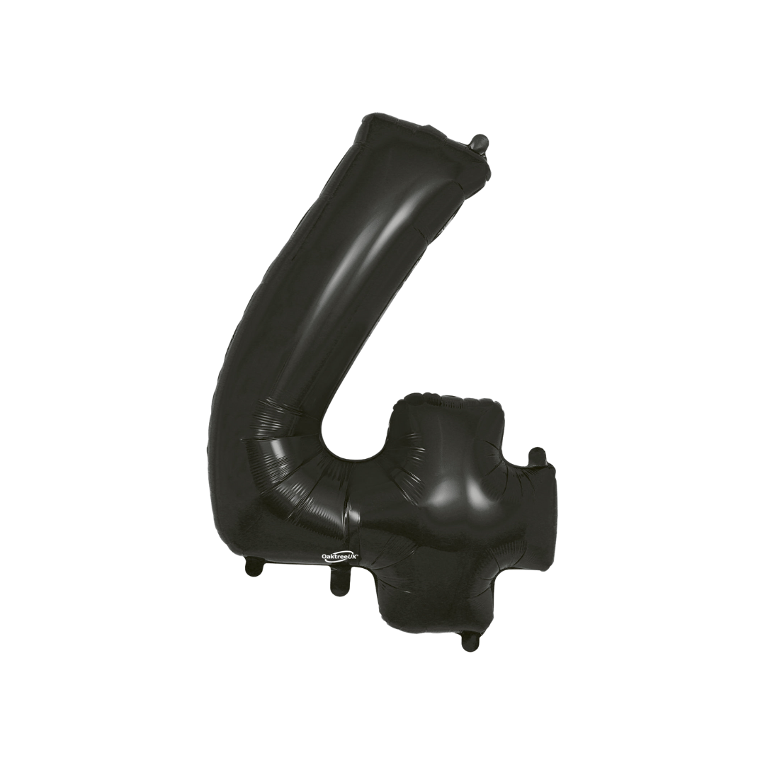 Black 34in number 4 foil balloon with sleek glossy finish for birthday or anniversary parties – from Parte Haus party supply store in Bethesda, MD.