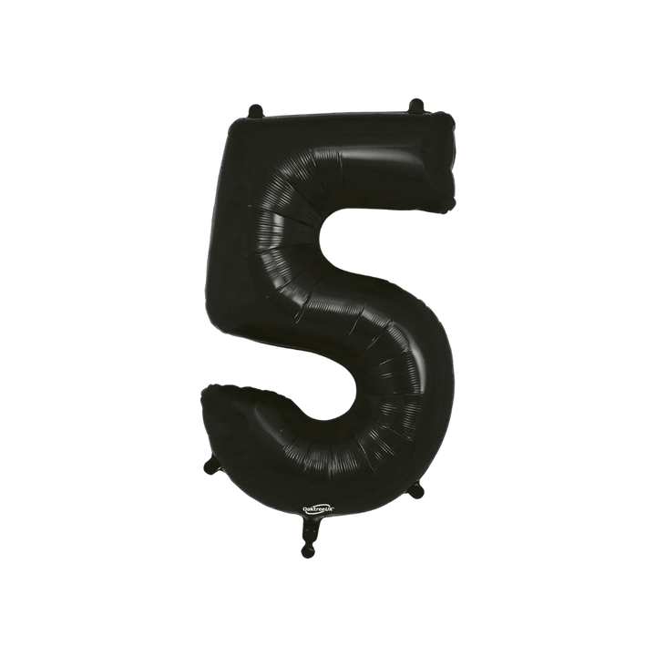Black 34in number 5 foil balloon with sleek glossy finish for birthday or anniversary parties – from Parte Haus party supply store in Bethesda, Maryland.