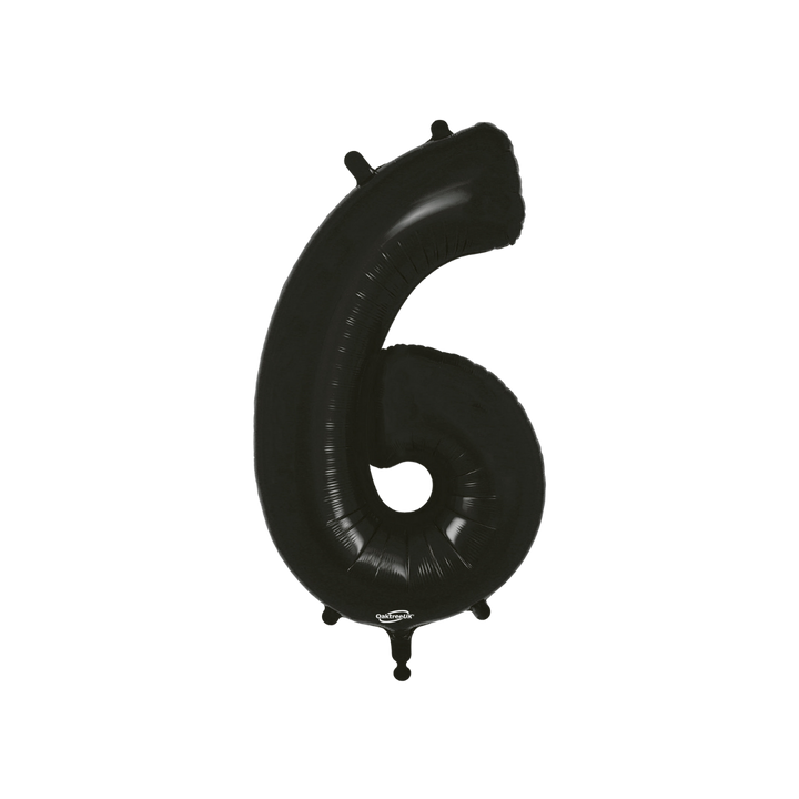 Black 34in number 6 foil balloon with sleek glossy finish for birthday or anniversary parties – from Parte Haus party supply store in Bethesda, MD.