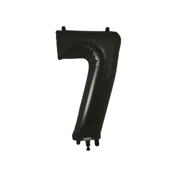 Black 34in number 7 foil balloon with sleek glossy finish for birthday or anniversary parties – from Parte Haus party supply store in Bethesda, Maryland.