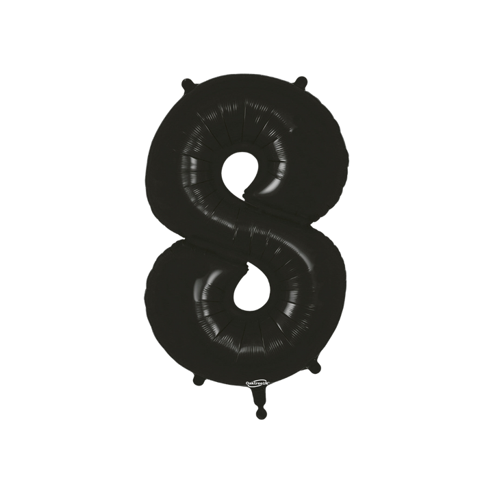Black 34in number 8 foil balloon with sleek glossy finish for birthday or anniversary parties – from Parte Haus party supply store in Bethesda, MD.