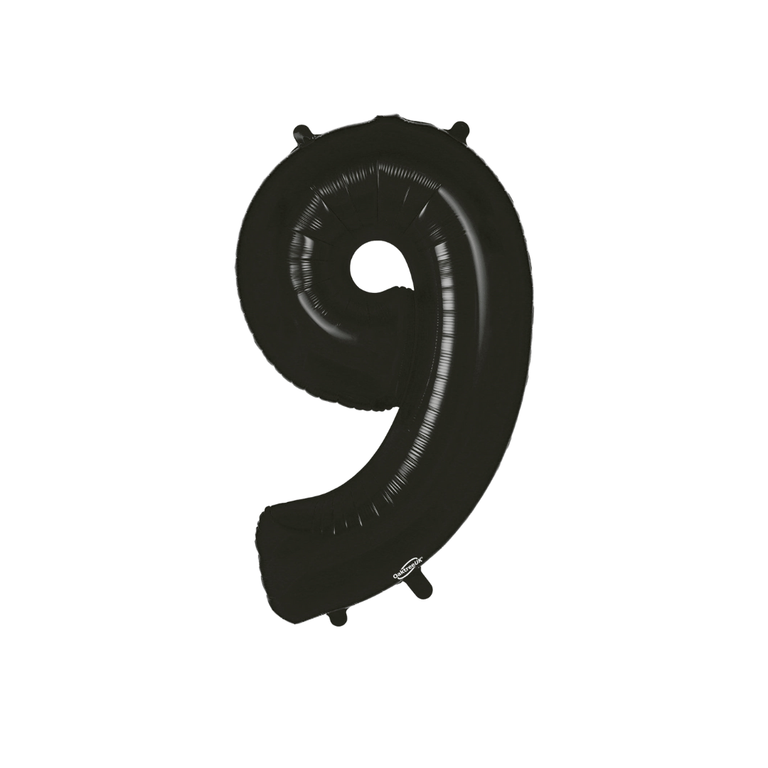 lack 34in number 9 foil balloon with sleek glossy finish for birthday or anniversary parties – from Parte Haus party supply store in Bethesda, Maryland.