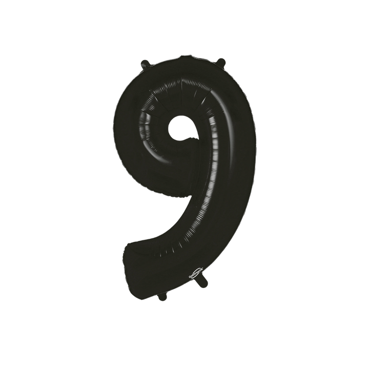 lack 34in number 9 foil balloon with sleek glossy finish for birthday or anniversary parties – from Parte Haus party supply store in Bethesda, Maryland.