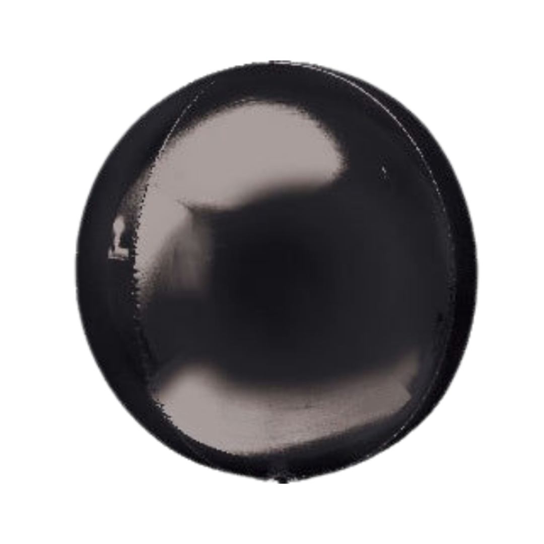 Black 16in Orbz foil balloon with glossy spherical finish – from Parte Haus party supply store in Bethesda, Maryland.