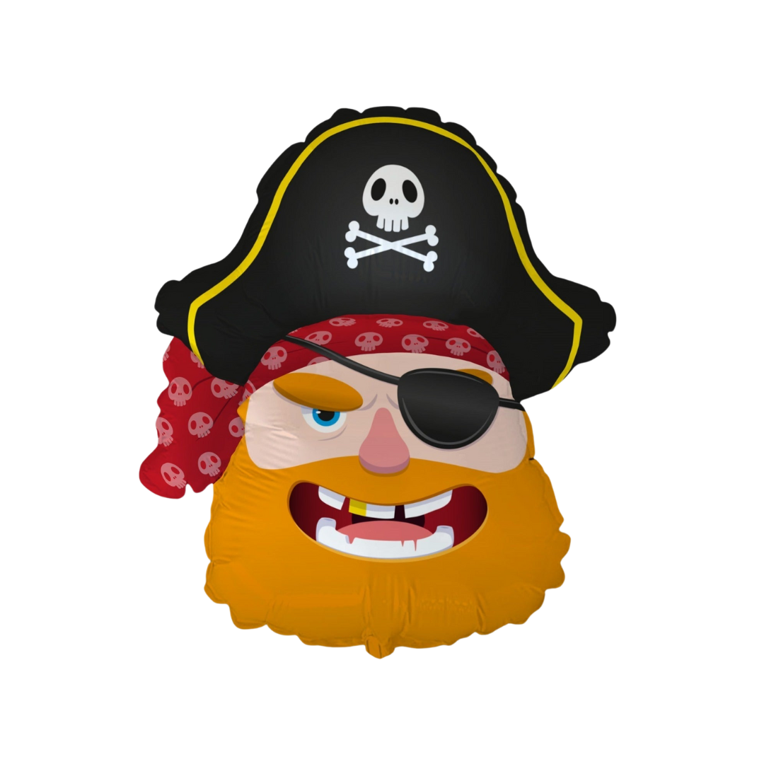 Black red pirate head foil balloon with eyepatch for birthday theme from Parte Haus party supply store in Bethesda MD.