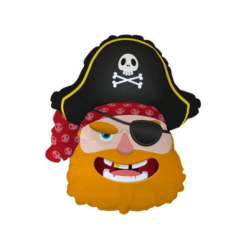 Black red pirate head foil balloon with eyepatch for birthday theme from Parte Haus party supply store in Bethesda MD.