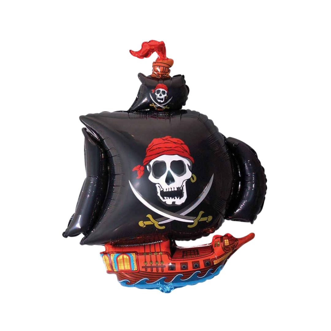 Black and red 36in pirate ship foil balloon with skull flag for birthday parties – from Parte Haus party supply store in Bethesda, Maryland.