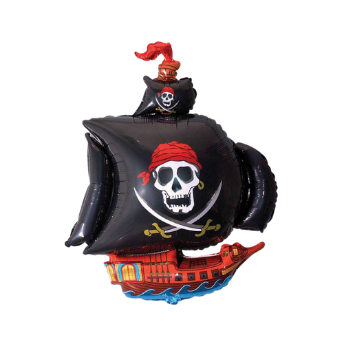 Black red pirate ship foil balloon with skull and crossbones for birthday theme from Parte Haus party supply store in Bethesda MD