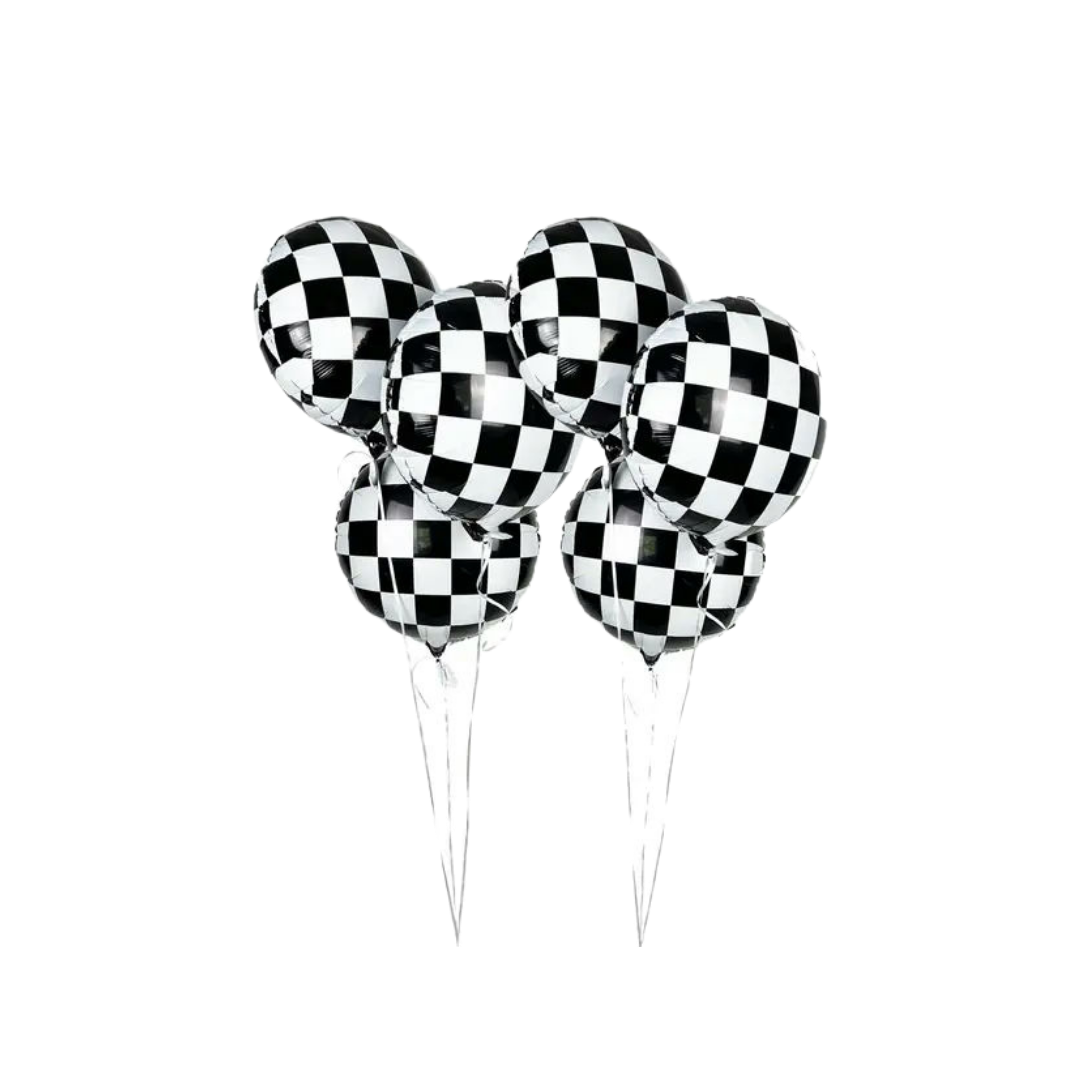 Black white checkered foil balloon with racing theme from Parte Haus party supply store in Bethesda Maryland