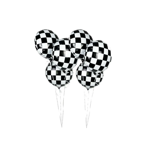 Black white checkered foil balloon with racing theme from Parte Haus party supply store in Bethesda Maryland