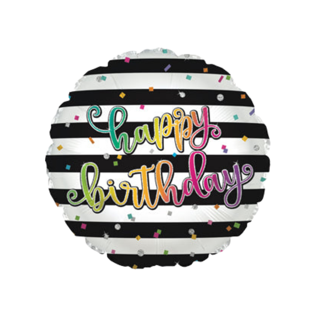 Black and white 17in striped happy birthday foil balloon with rainbow confetti – from Parte Haus party supply store in Bethesda, Maryland.