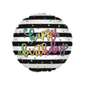 Black and white stripe foil balloon with rainbow confetti for birthday from Parte Haus party supply store in Bethesda Maryland