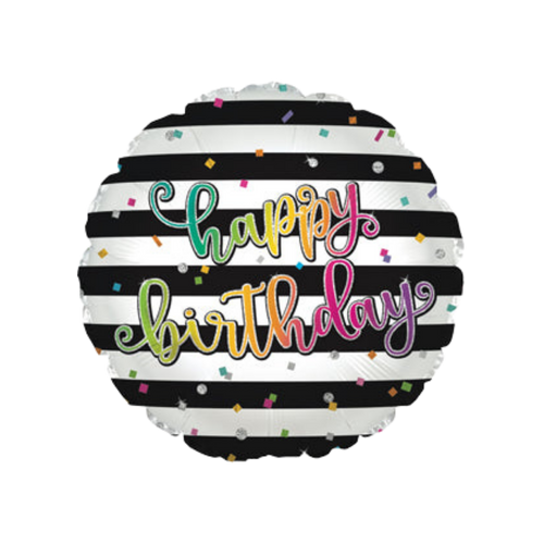 Black and white stripe foil balloon with rainbow confetti for birthday from Parte Haus party supply store in Bethesda Maryland