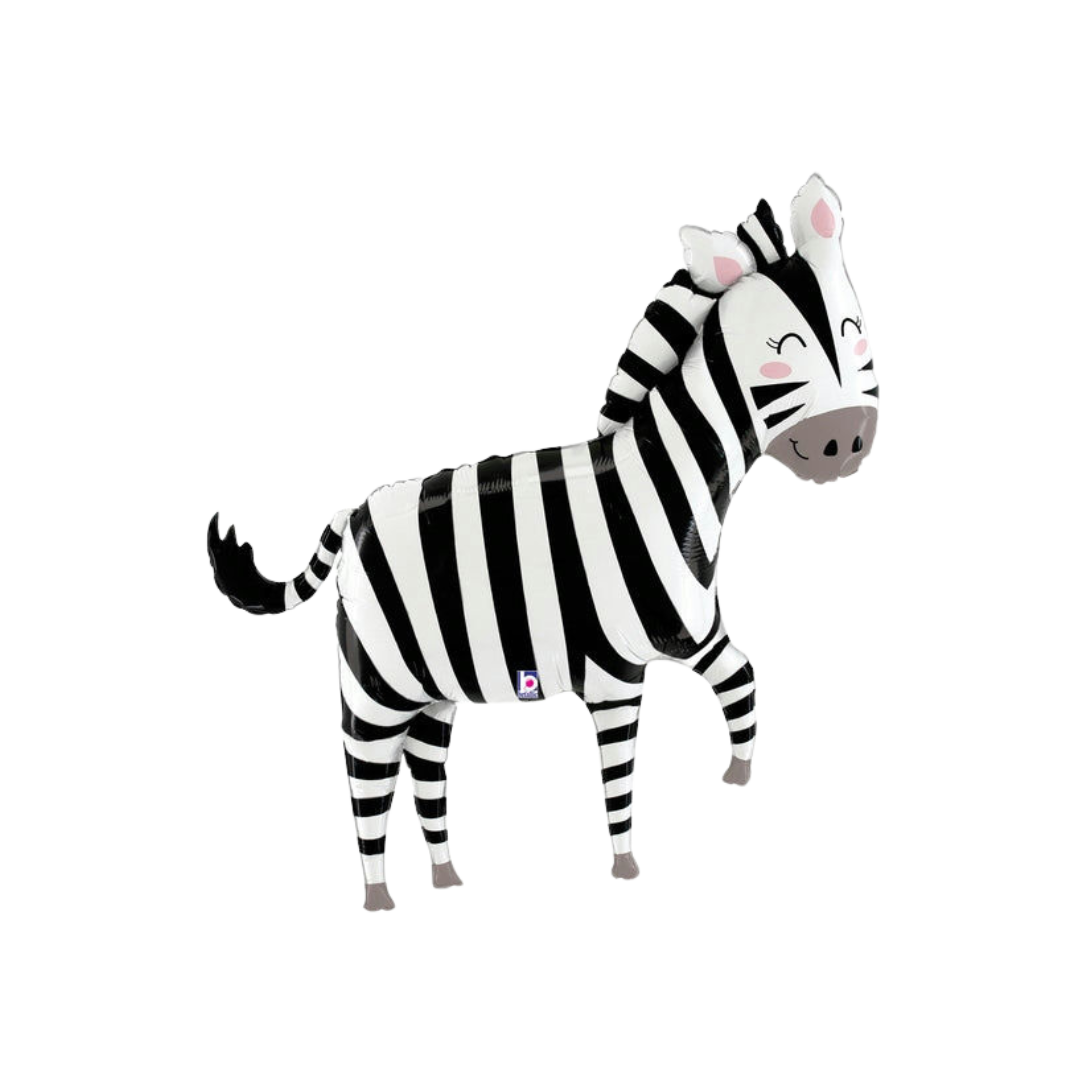 Black white zebra foil balloon with cute stripes for jungle party theme from Parte Haus party supply store in Bethesda MD