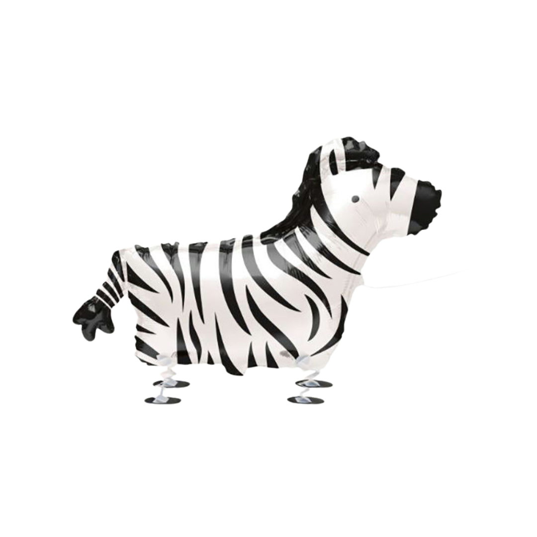 Black and white 30in walking zebra foil balloon for safari birthday parties – from Parte Haus party supply store in Bethesda, MD.