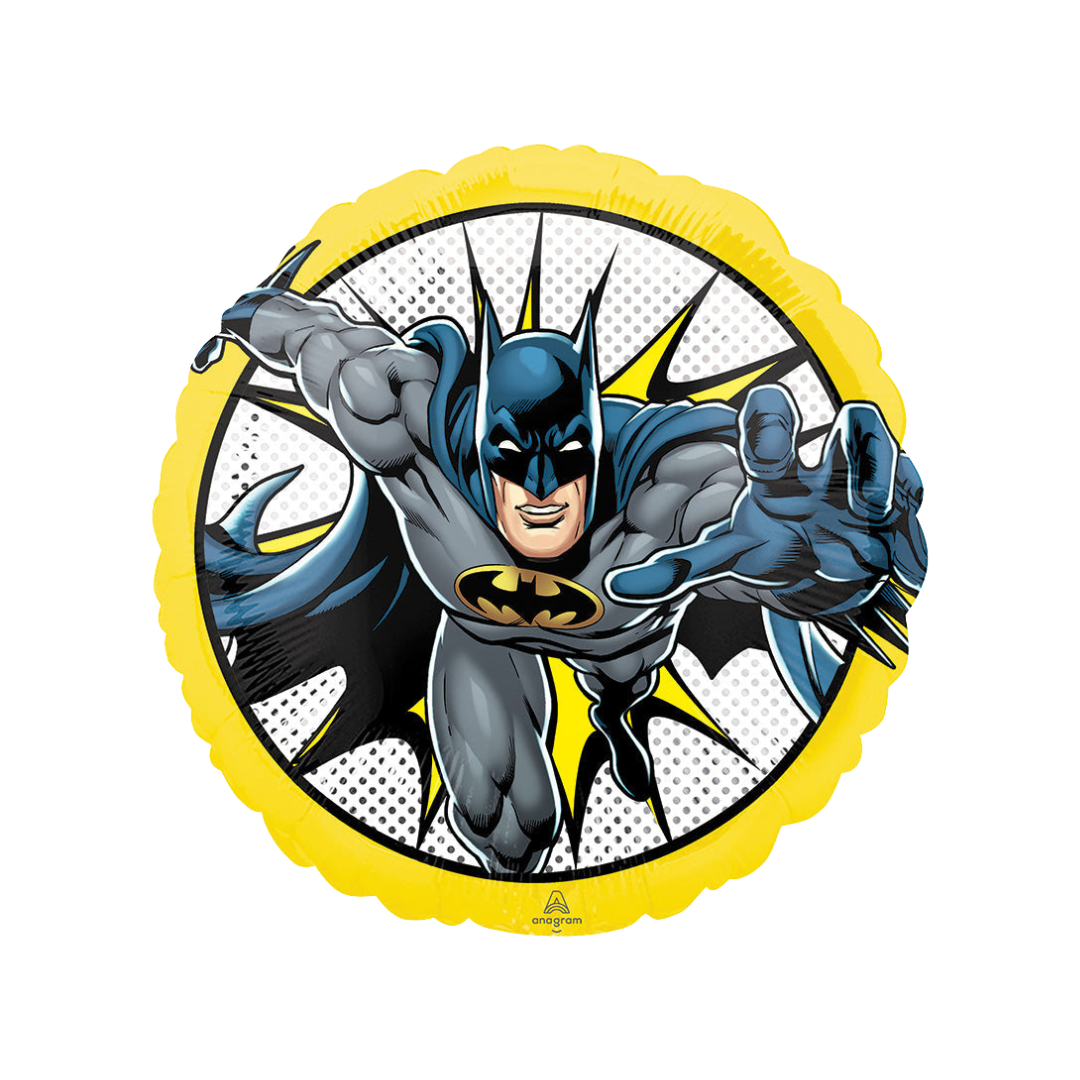 Black and yellow 18in Batman foil balloon for superhero birthday parties – from Parte Haus party supply store in Bethesda, Maryland.