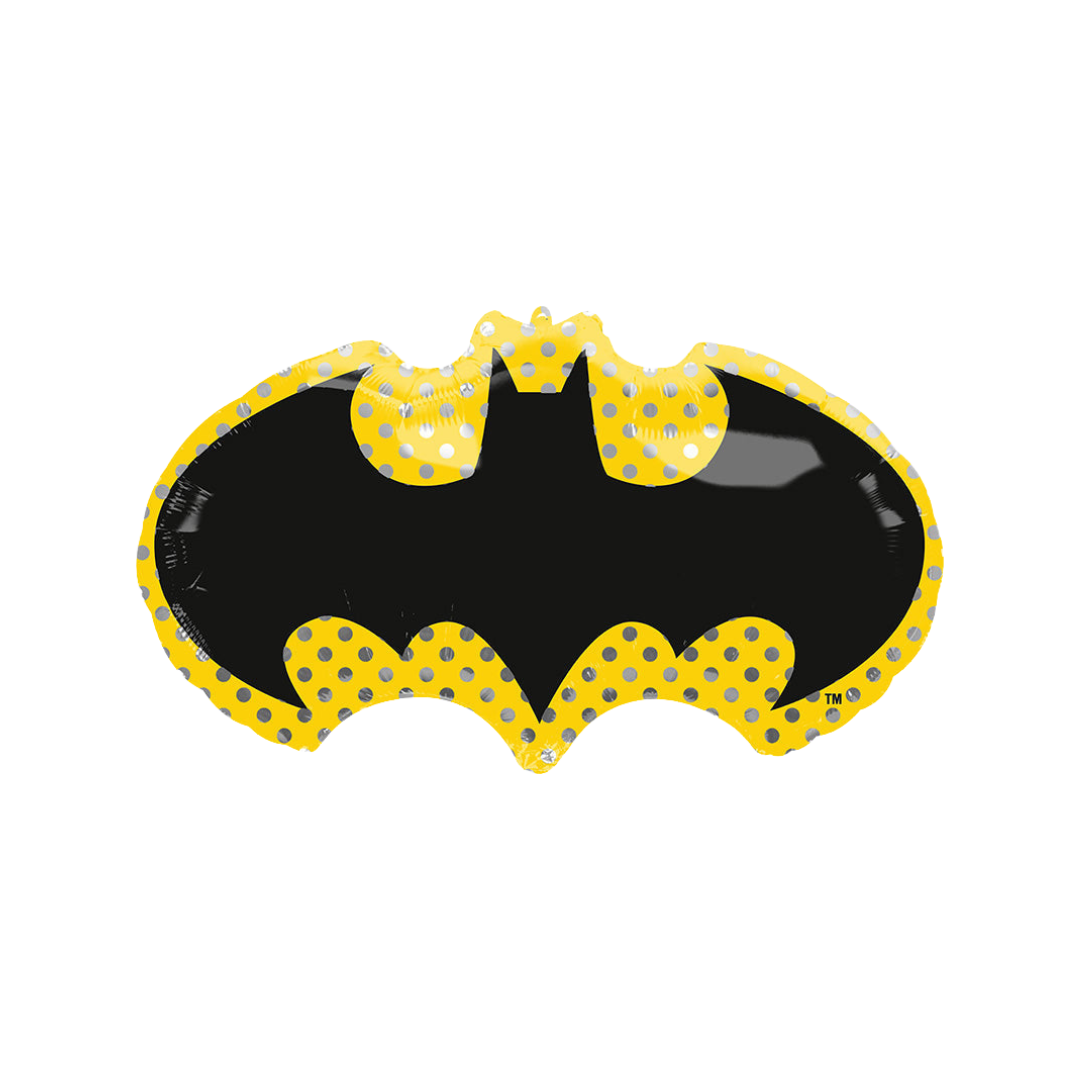 Black and yellow 30in Batman logo foil balloon with silver dots for birthday parties – from Parte Haus party supply store in Bethesda, Maryland.