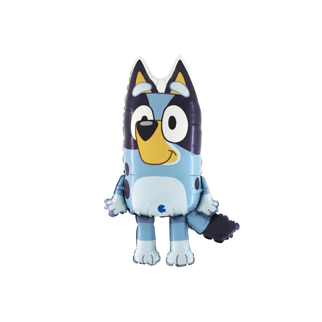 Blue Bluey foil balloon shaped like a cartoon dog birthday theme from Parte Haus party supply store in Bethesda MD