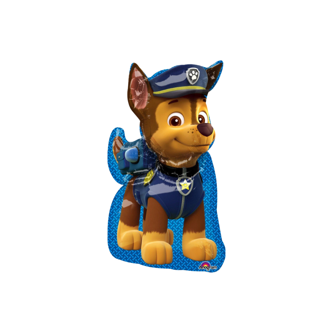 Blue and brown 31in Paw Patrol Chase foil balloon with police pup uniform – from Parte Haus party supply store in Bethesda, Maryland.