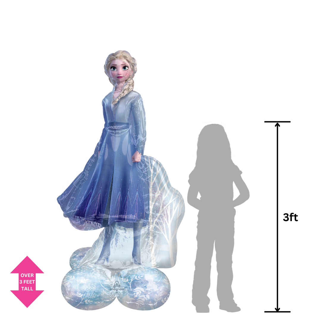 Blue 54in Frozen 2 Elsa foil balloon shown with height comparison – from Parte Haus party supply store in Bethesda, Maryland.