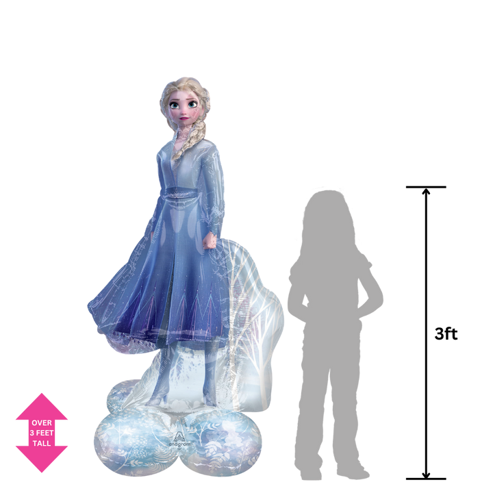 Blue 54in Frozen 2 Elsa foil balloon shown with height comparison – from Parte Haus party supply store in Bethesda, Maryland.