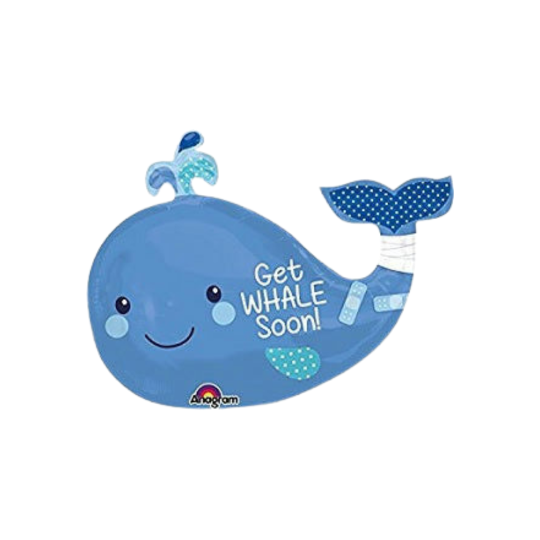 Blue whale foil balloon with get whale soon text for get well theme from Parte Haus party supply store in Bethesda MD