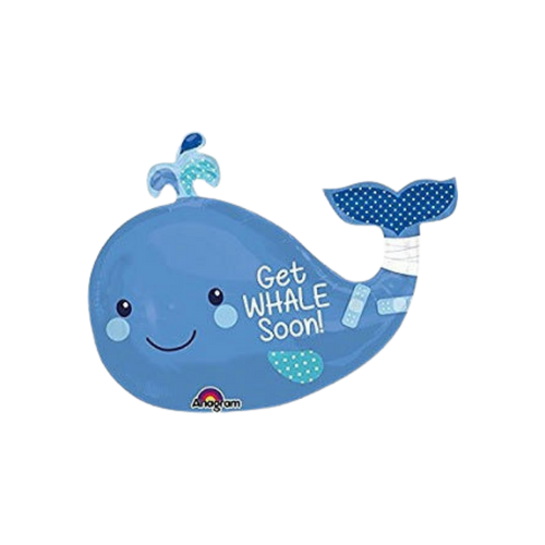 Blue whale foil balloon with get whale soon text for get well theme from Parte Haus party supply store in Bethesda MD