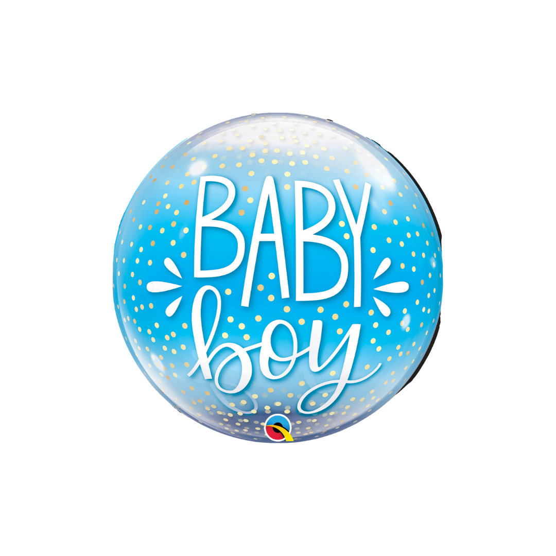 Blue gold confetti bubble balloon with baby boy wording for gender reveal from Parte Haus party supply store in Bethesda MD