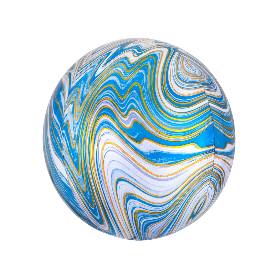 Blue and gold 16in marble Orbz foil balloon with swirling design for birthday parties – from Parte Haus party supply store in Bethesda, MD.