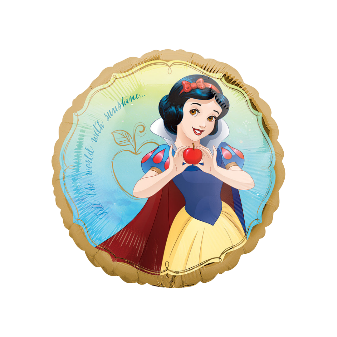 Blue and gold 18in Snow White birthday foil balloon with princess holding apple – from Parte Haus party supply store in Bethesda, MD.