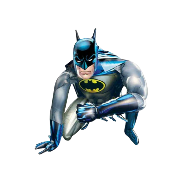 Blue and gray 44in Batman superhero foil balloon in crouching pose – from Parte Haus party supply store in Bethesda, Maryland.