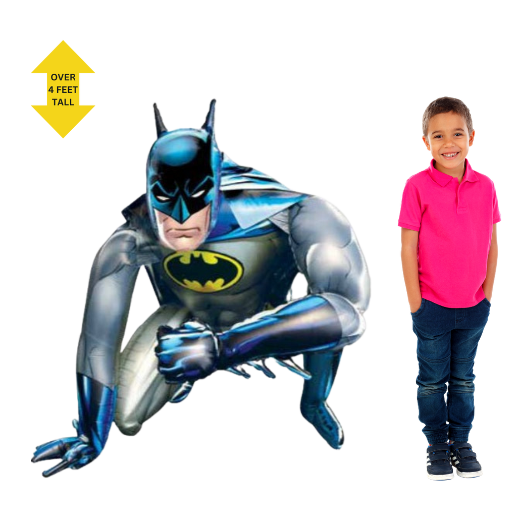 Blue gray Batman foil balloon shaped like superhero for birthday from Parte Haus party supply store in Bethesda MD