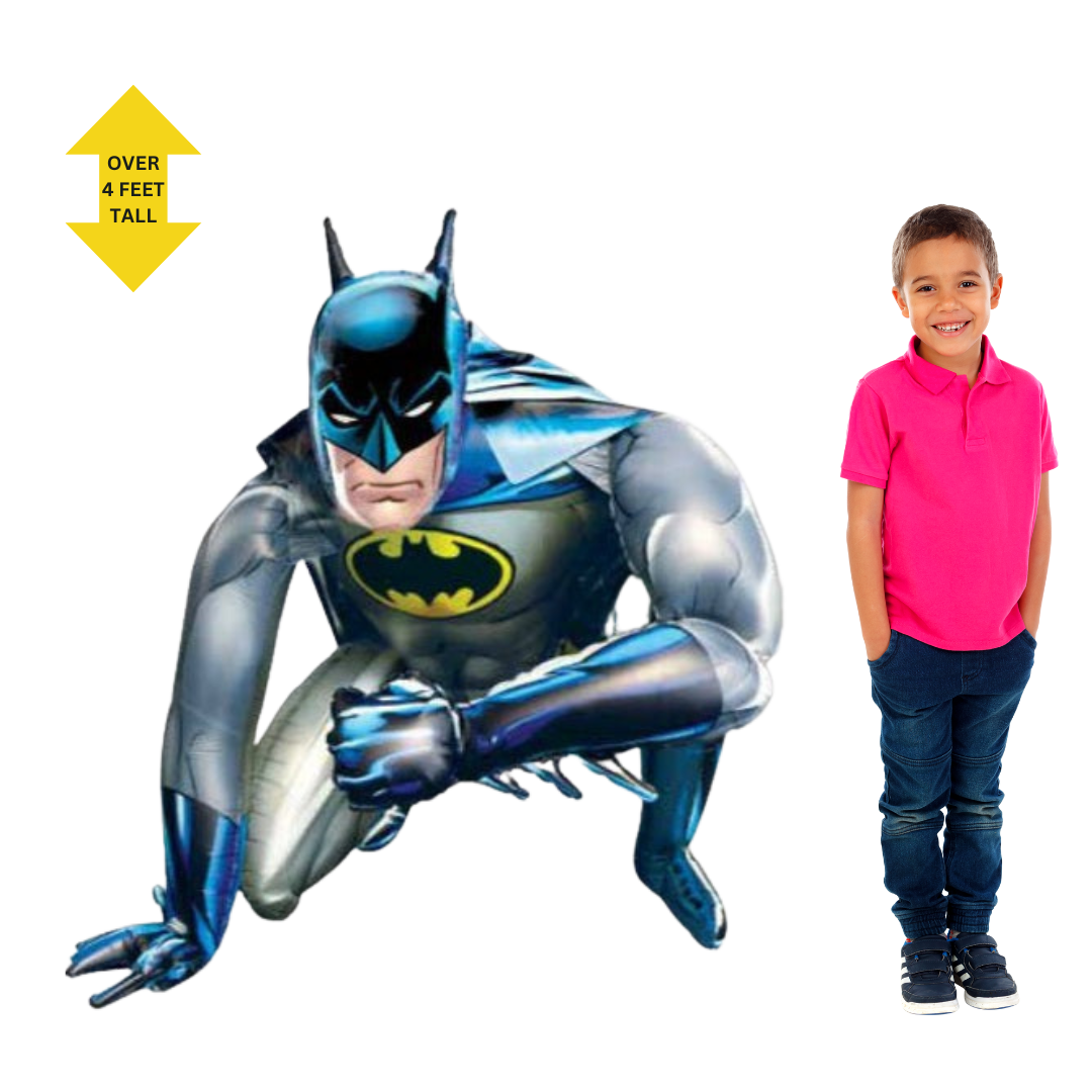 Blue gray Batman foil balloon shaped like superhero for birthday from Parte Haus party supply store in Bethesda MD