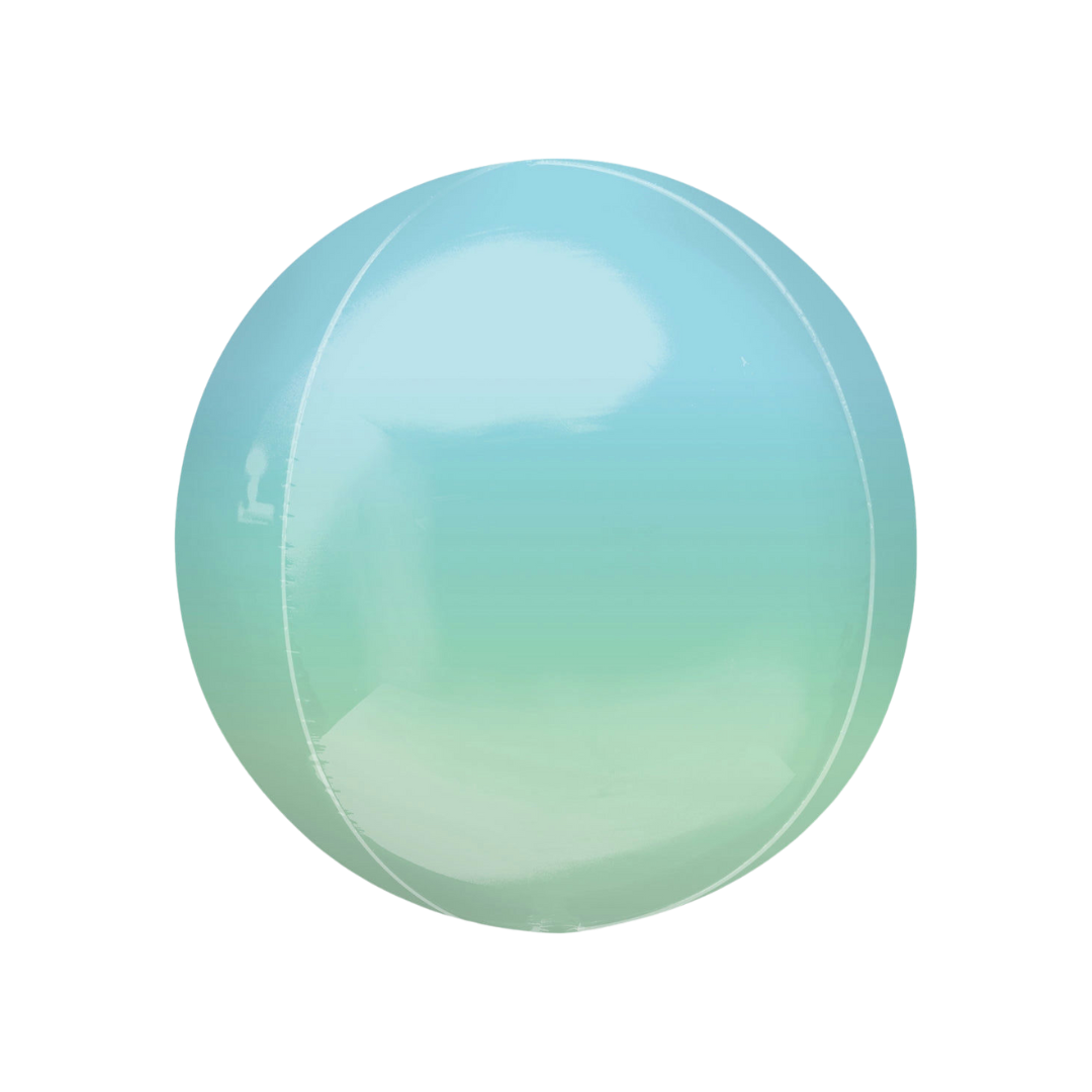 Blue and green ombre 16in orbz foil balloon for beach, mermaid, and tropical party décor – from Parte Haus party supply store in Bethesda, MD.