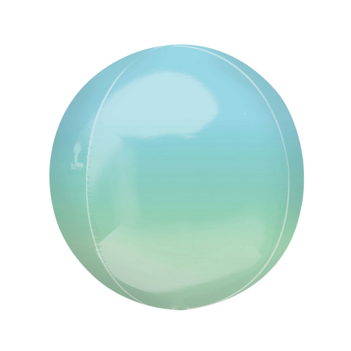 Blue and green ombre 16in orbz foil balloon with glossy bubble finish – from Parte Haus party supply store in Bethesda, Maryland.