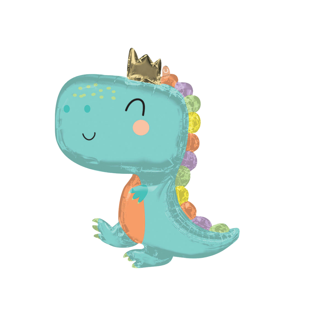 Blue green pastel dinosaur foil balloon with crown dinosaur birthday theme from Parte Haus party supply store in Bethesda MD