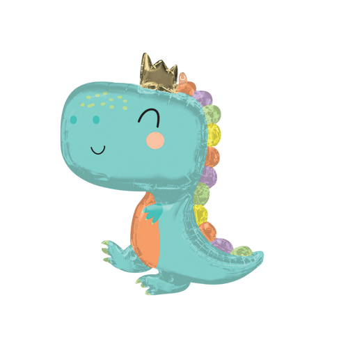 Blue green pastel dinosaur foil balloon with crown dinosaur birthday theme from Parte Haus party supply store in Bethesda MD