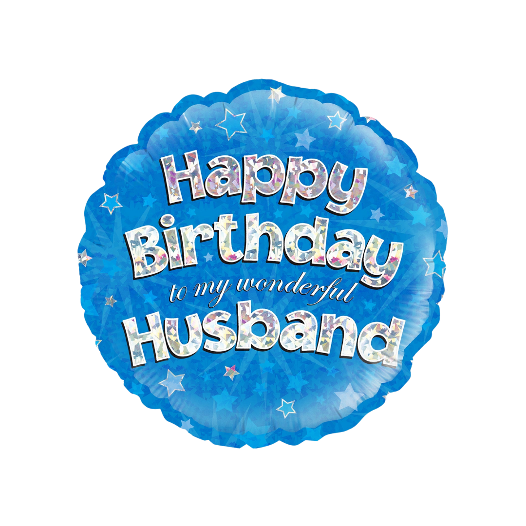 Blue 18in holographic Happy Birthday Husband foil balloon with star pattern – from Parte Haus party supply store in Bethesda, Maryland.