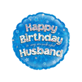 Blue holographic foil balloon with Happy Birthday Husband for birthday from Parte Haus party supply store in Bethesda MD