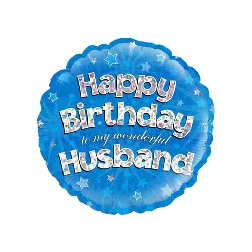 Blue holographic foil balloon with Happy Birthday Husband for birthday from Parte Haus party supply store in Bethesda MD