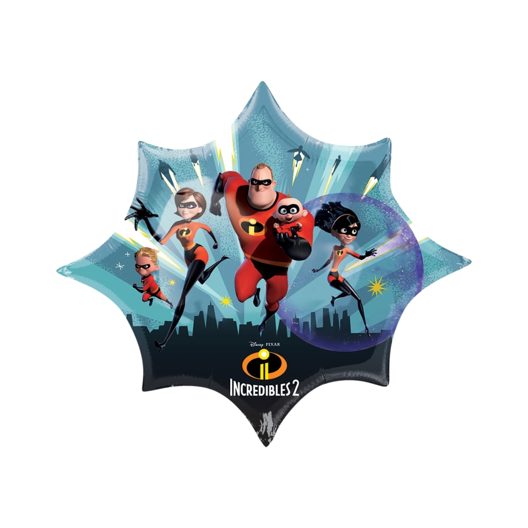 Blue Incredibles 2 starburst foil balloon with superhero family for birthday from Parte Haus party supply store in Bethesda MD