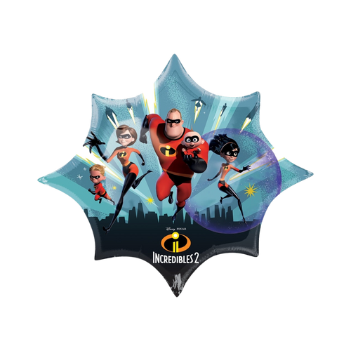 Blue Incredibles 2 starburst foil balloon with superhero family for birthday from Parte Haus party supply store in Bethesda MD