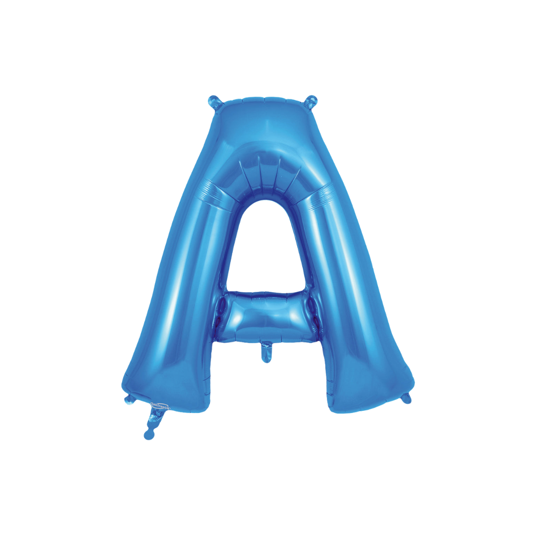 Blue 34in letter A foil balloon with glossy finish for birthday or celebration parties – from Parte Haus party supply store in Bethesda, MD.
