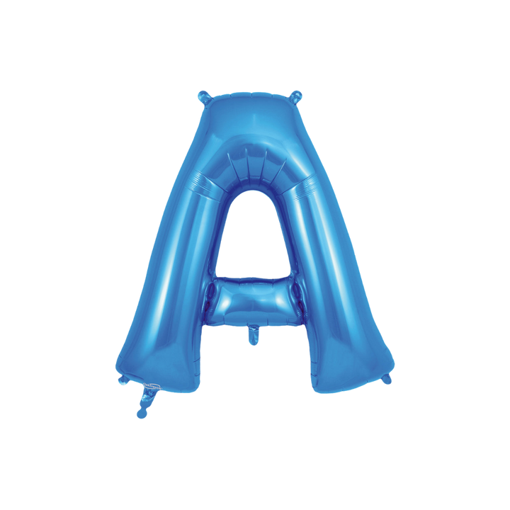 Blue 34in letter A foil balloon with glossy finish for birthday or celebration parties – from Parte Haus party supply store in Bethesda, MD.