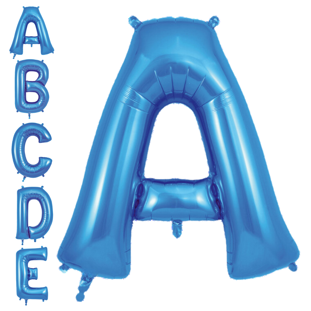 Blue 34in letter A–Z foil balloon with glossy finish for birthday or celebration parties – from Parte Haus party supply store in Bethesda, Maryland.
