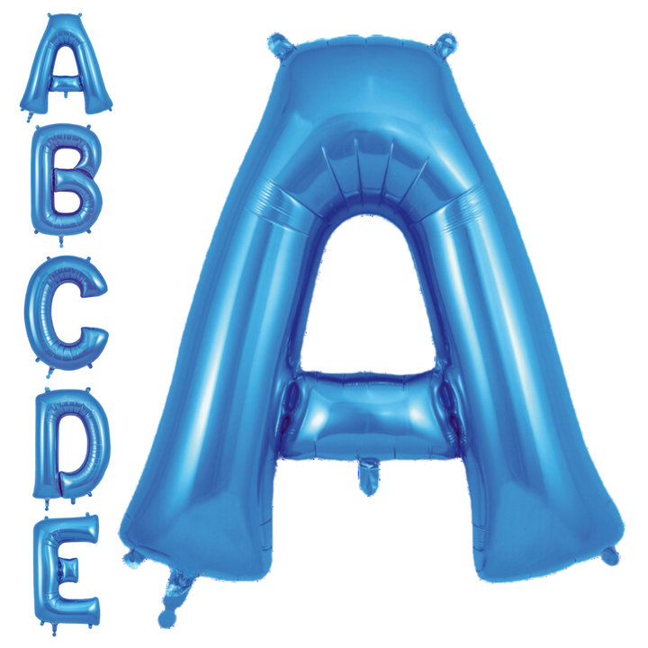 Blue 34in letter A–Z foil balloon with glossy finish for birthday or celebration parties – from Parte Haus party supply store in Bethesda, Maryland.