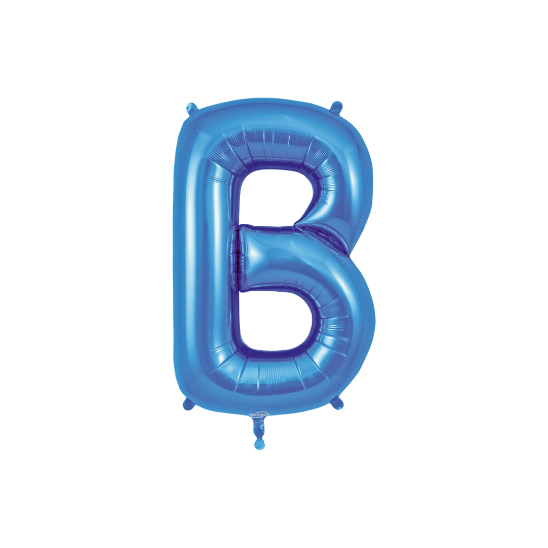 Blue 34in letter B foil balloon with glossy finish for birthday or celebration parties – from Parte Haus party supply store in Bethesda, Maryland.