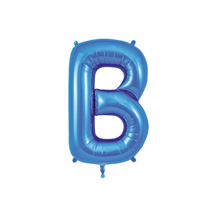 Blue 34in letter B foil balloon with glossy finish for birthday or celebration parties – from Parte Haus party supply store in Bethesda, Maryland.