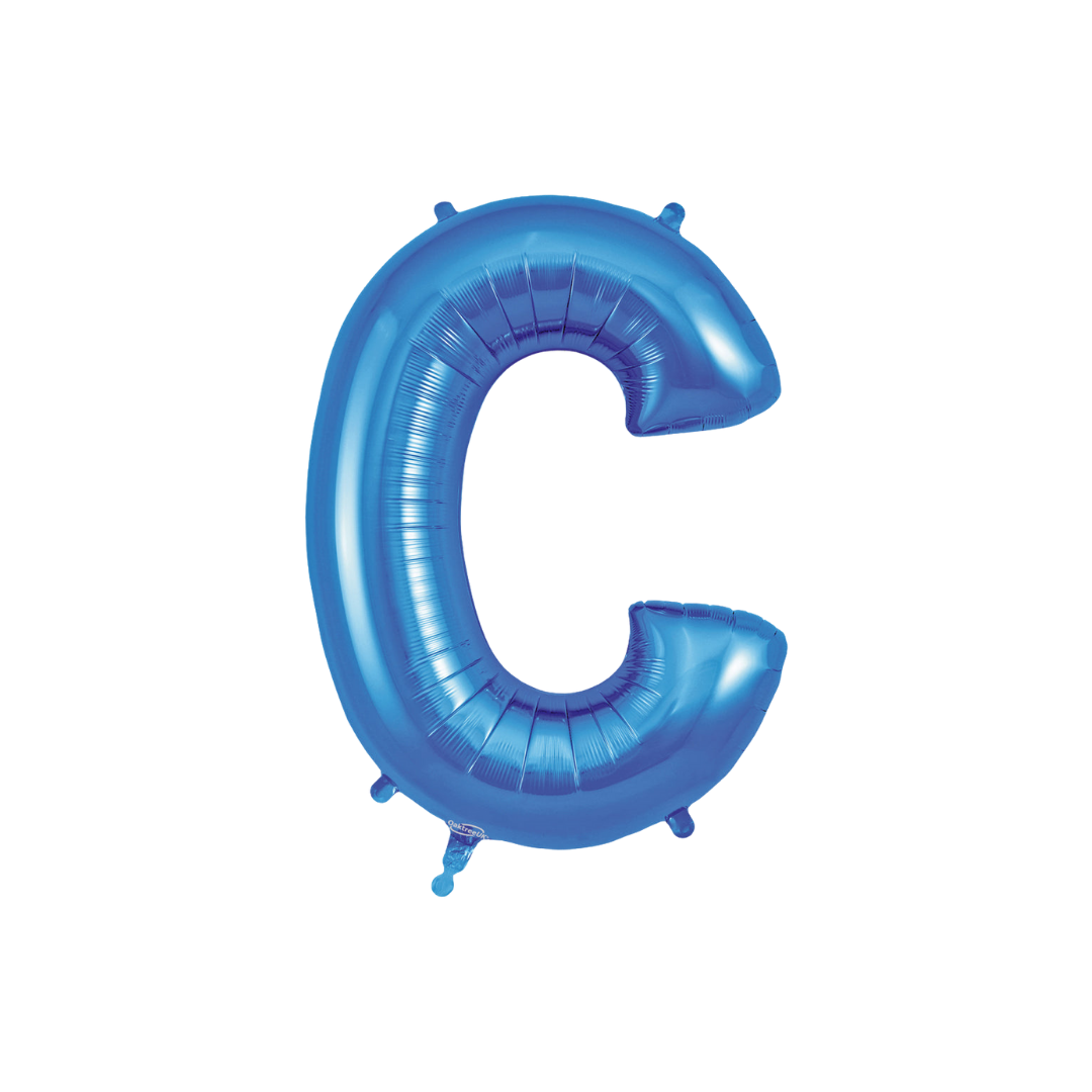 Blue 34in letter C foil balloon with glossy finish for birthday or celebration parties – from Parte Haus party supply store in Bethesda, MD.